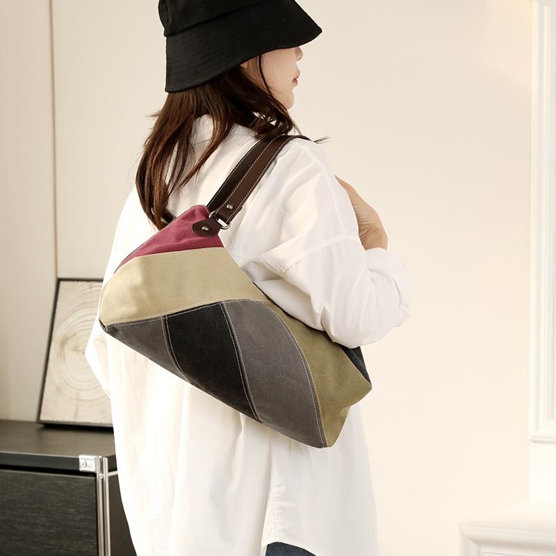 Women's Canvas Bag Color Contrast Shoulder Bag Bag Stitching