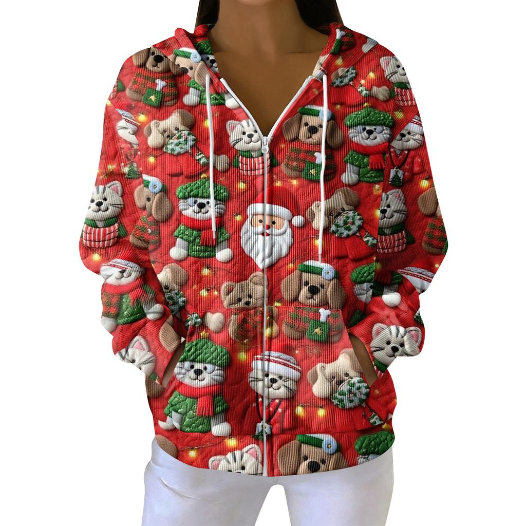 Women's Casual Fashion Long-Sleeved Zip-Up Christmas Print Knitted Hoodie
