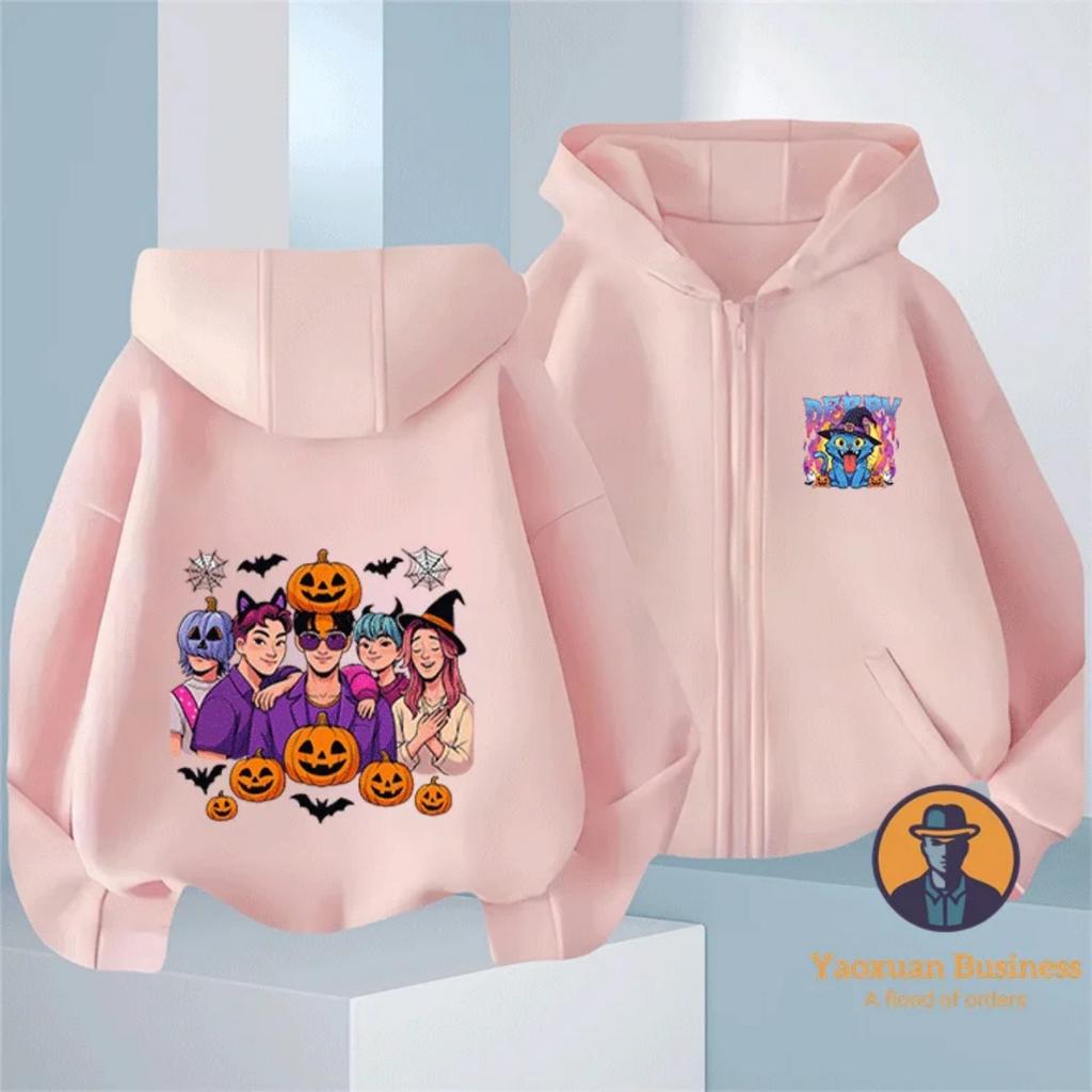 New KPop Devil Hunter Boys and Girls Children's Zipper Hoodie Cute Cartoon Print Warm Halloween Autumn/Winter Fashion Clothing