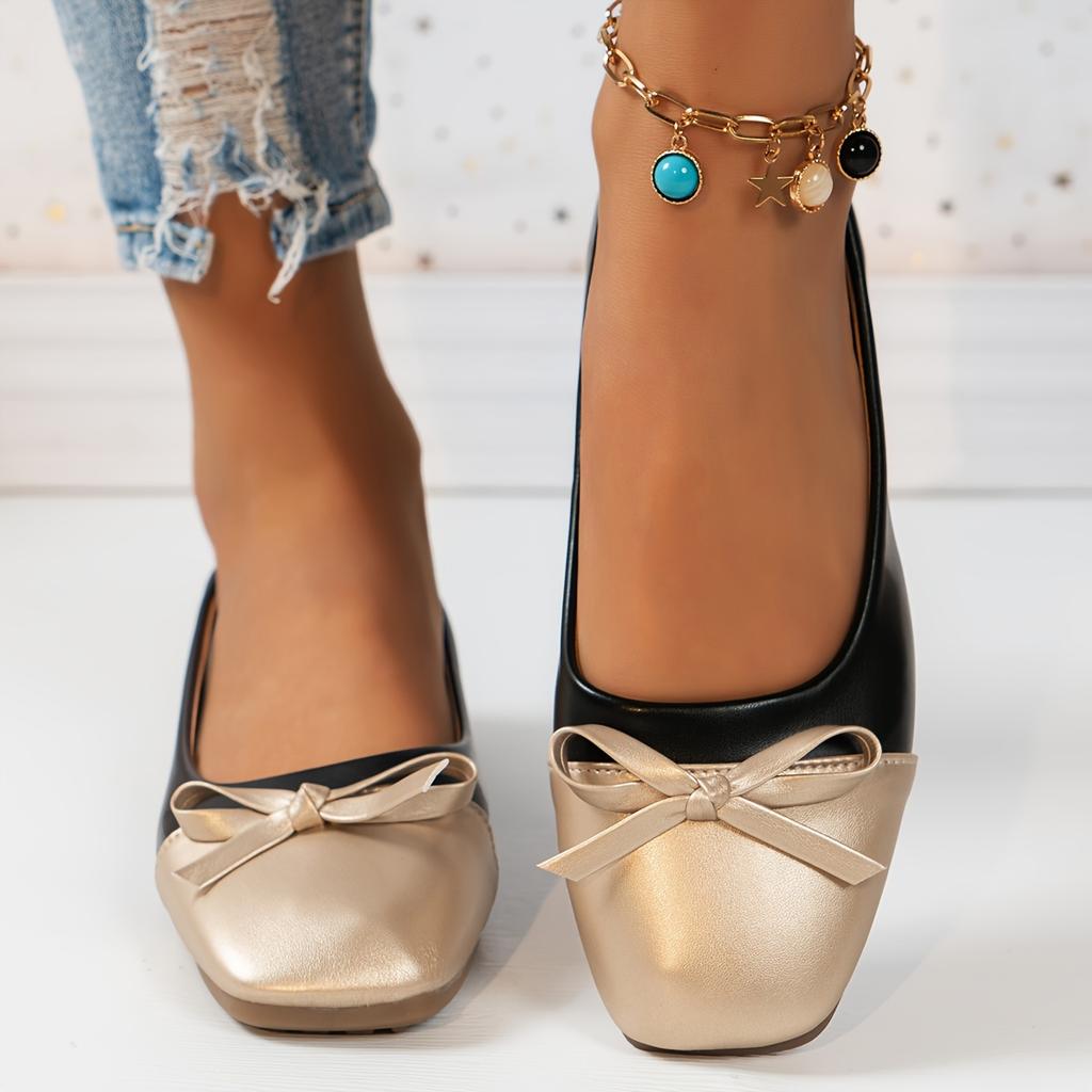 Women's Bow Square Toe Flats - Comfortable Slip On Ballet Shoes