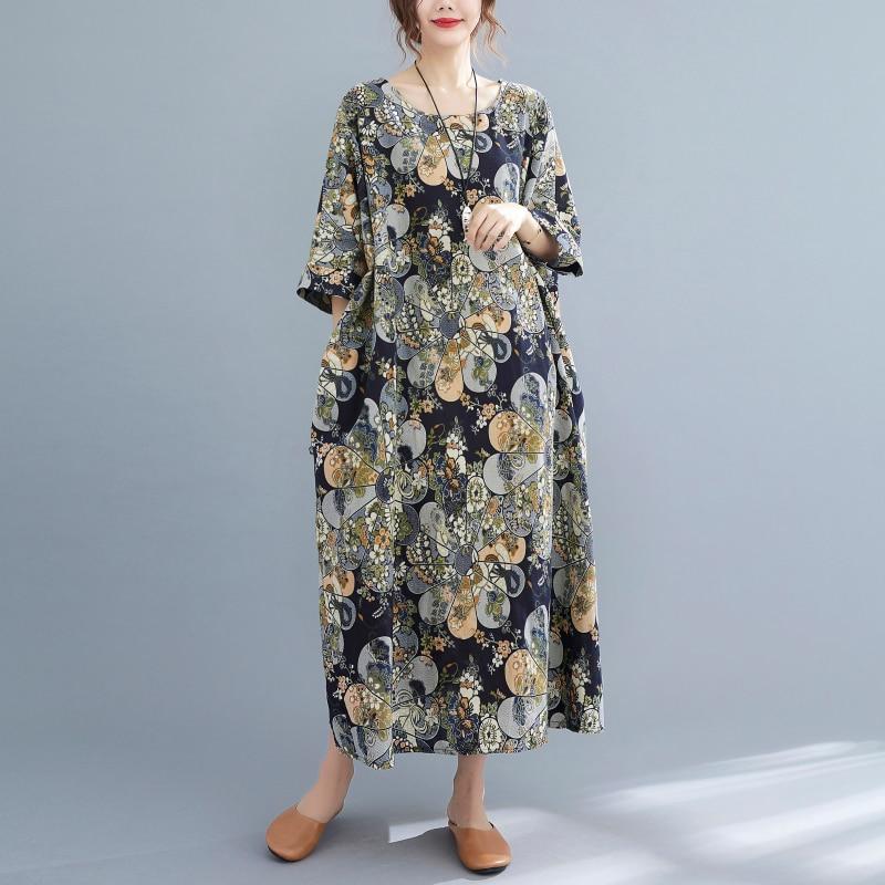 DIMANAF 2021 Plus Size Women Dress Vintage Floral Print Beach Holiday Summer Sundress Dress Loose Long Dress Oversize 5XL 6XL