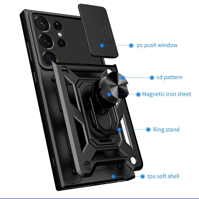 Nárazuvzdorné pancierové puzdro pre Samsung Galaxy S23 S20 S21 S22 S24 Ultra Plus FE S držiakom na magnetický krúžok do auta Kryt s posuvným chráničom objektívu