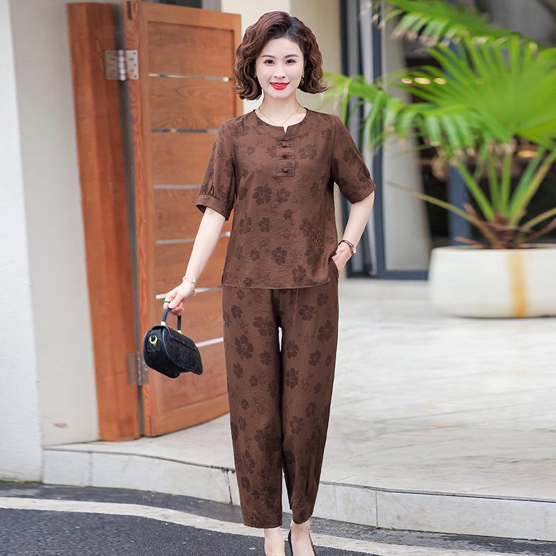

Stylish Cotton Linen Two-Piece Set for Middle-Aged Women: Printed Mid-Sleeve Top & Fashionable Wide-Leg Pants 2XL (Recommended: 95-115 jin)