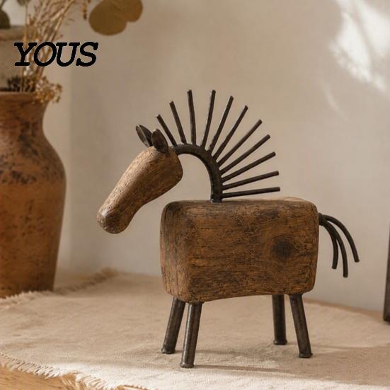 Rustic Interior Design Accessories Vintage Horse Figurine, Farmhouse Sculpture, Folk Art Modern Mantel Centerpiece Tabletop Ornament for Home