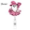 Playful Ghost Design ID Clip Halloween Badge Reel, Glitter Acrylic Retractable Holder Clip, Cute Pink Festive Pattern Name for Women Nurse Teacher