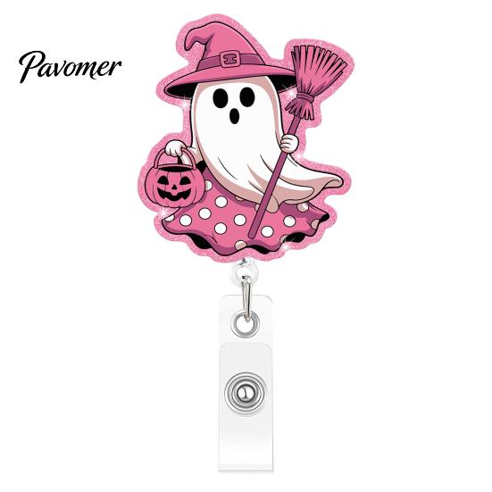 Playful Ghost Design ID Clip Halloween Badge Reel, Glitter Acrylic Retractable Holder Clip, Cute Pink Festive Pattern Name for Women Nurse Teacher