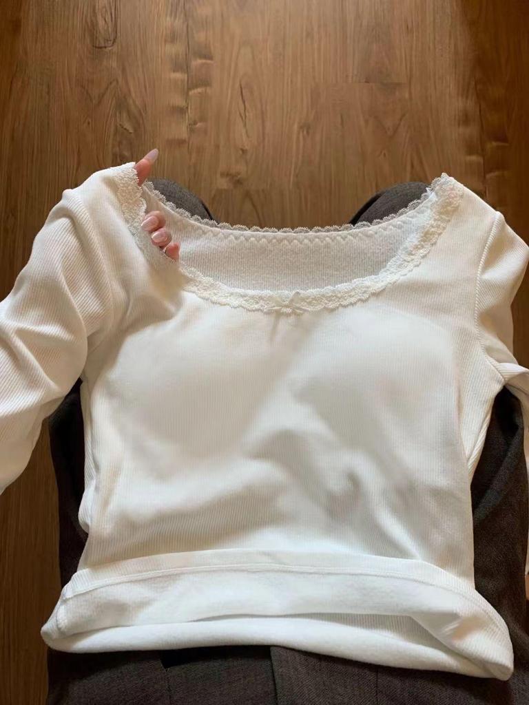 Petite Slim-Fit Women's Long-Sleeve White Lace T-shirt, Korean Style, Autumn/Winter, Gentle Inner Layer, Highlights Collarbone