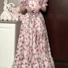 French Coffee Break Pink Floral Strapless Dress Female Atmosphere Holiday Style Waist Slimming Princess Long