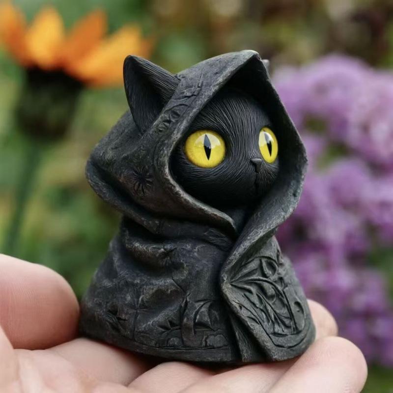 Mysterious Hooded Gothic Black Cat Figurine