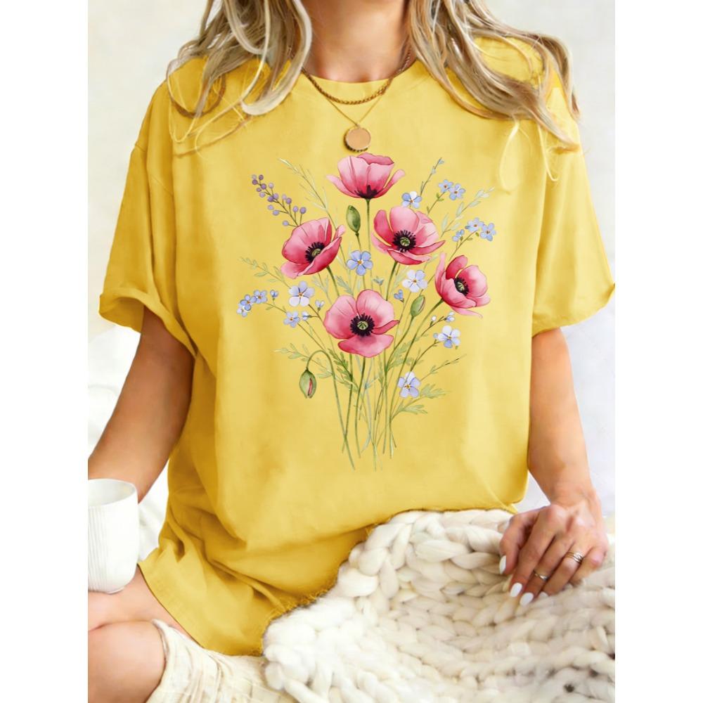 Beautiful Watercolor Flowers Print Womens T Shirt Cotton Oversize T-Shirts Summer Breathable Short Sleeves Sport Top