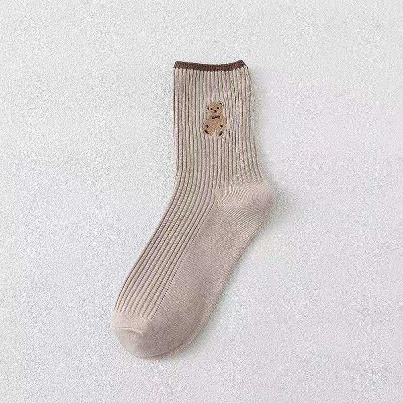 

Women s Mid-Calf Cotton Socks - Spring/Autumn Striped & Embroidered Little Bear, Trendy Japanese Style Slouch Socks One Size (35-40) хаки