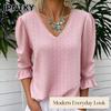 JPNTKY Kadın Moda Günlük Uzun Kollu V Yaka Bluz & Gömlekler