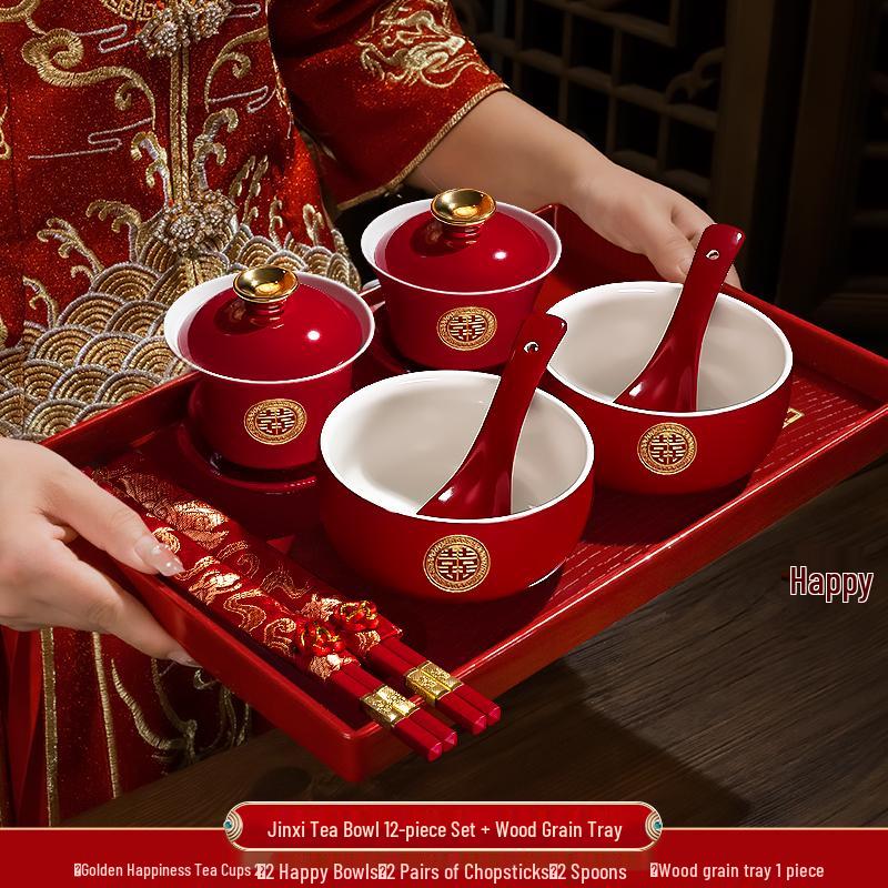 Festive Red Wedding Tea Set: Lidded Bowls, Tea Cups, and Chopsticks