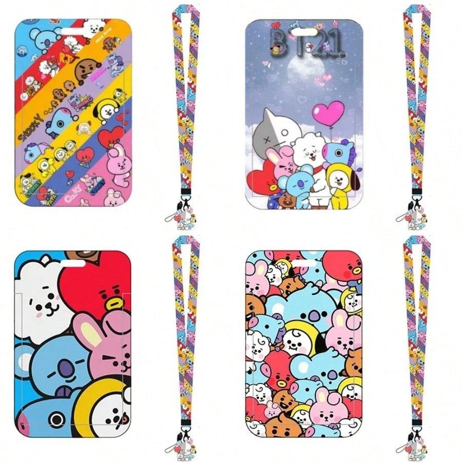 LINE FRIENDS BT21 Kpop Anime Cartoon Lanyard Key Ring with ABS Card Holder for Meal Cards Transit Cards and ID Cards