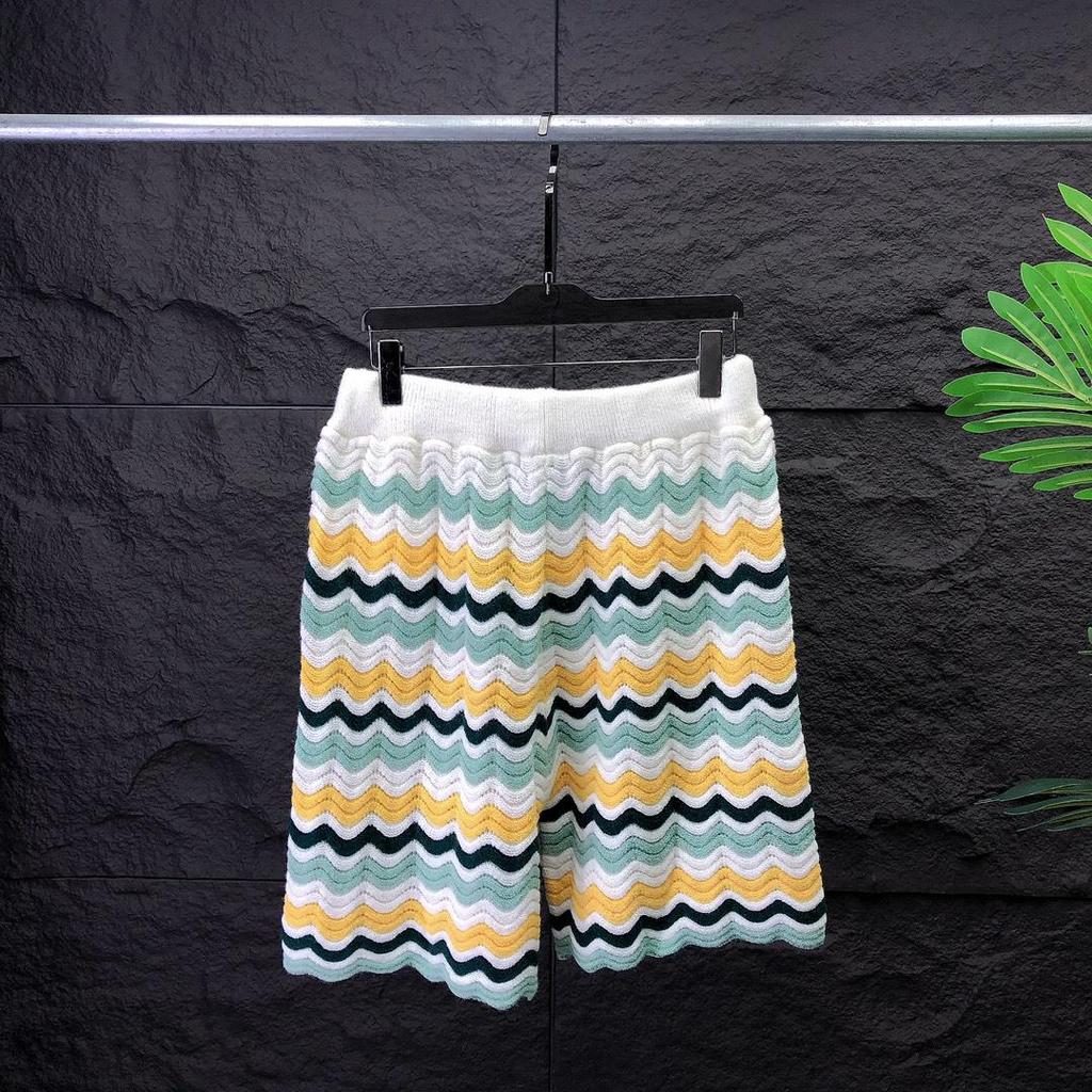 Women's Casual Knitted Wool Suit: Short-Sleeved Sweater & Shorts with Pearl Buttons and Color Matching.