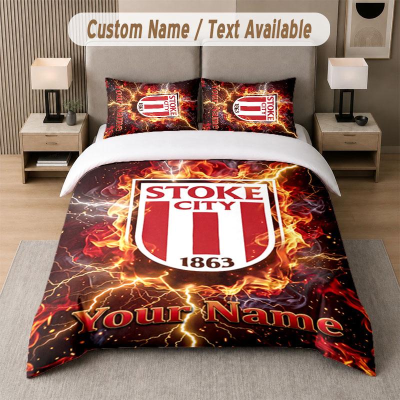 Set de Lenjerie de Pat Personalizat cu Model Stoke City FC, Text cu Nume Imprimat 1 Față de Plapumă plus 2 Fețe de Pernă Textile pentru Casă
