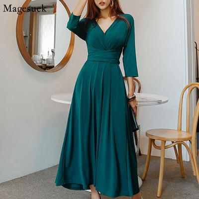 Elegancka sukienka z dekoltem w szpic wysokiej talii linia A damska długa sukienka z kokardką Vintage 2021 seksowna jednolita sukienka Midi kobiety Vestidos 13020