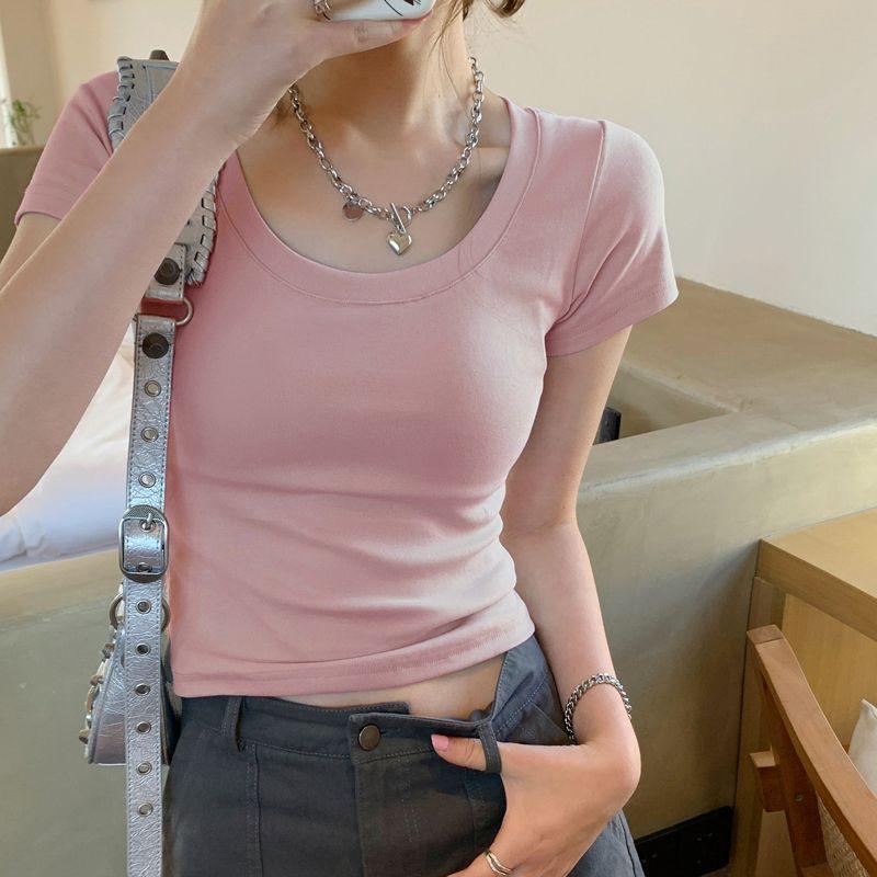 Short-sleeved T-shirt for For Women In Summer Wear Fitted Low Round Neck Collarbone Short Top Small Design Sense