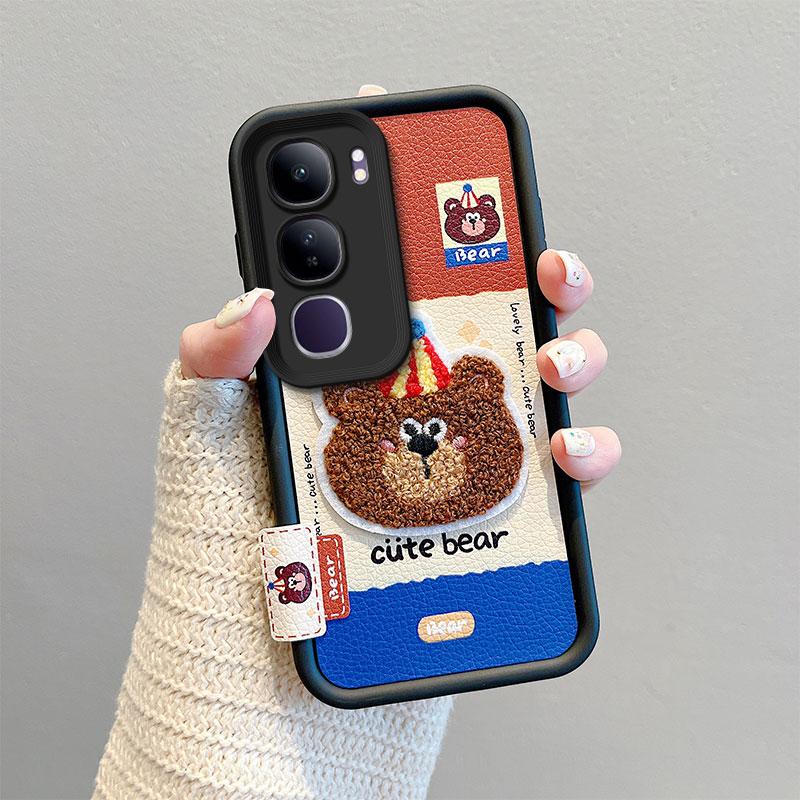 KEYSION Cartoon Cute Plush Embroidery Case for VIVO V40 Lite with Lanyard PU Leather Shockproof Phone Cover for VIVO Y200 5G Y19S