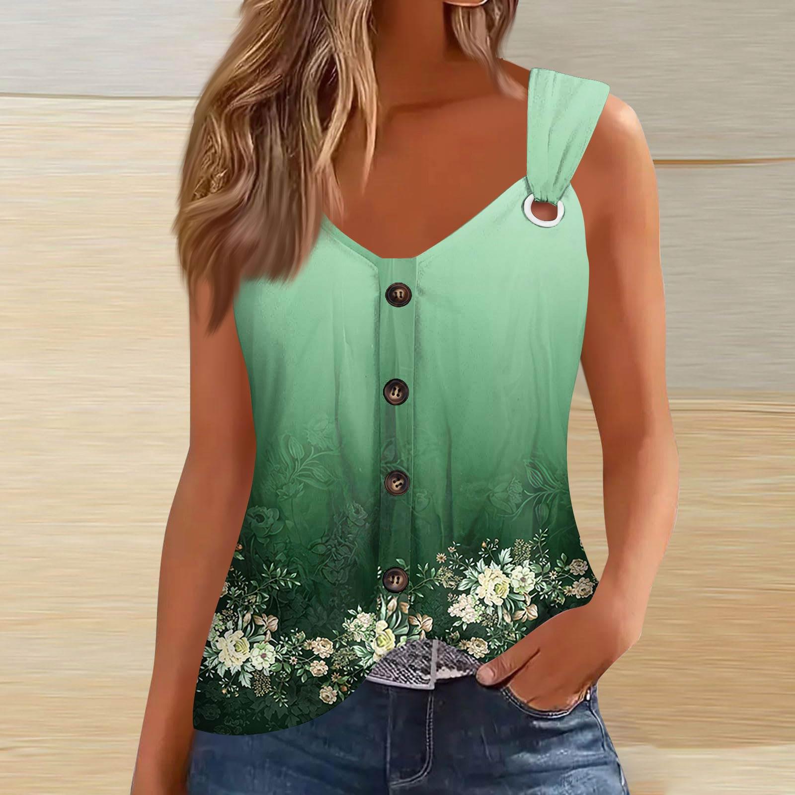 

Women s Fashion Casual Loose Sleeveless Buttoned V-Neck Printed T-Shirt Top XXL зелений