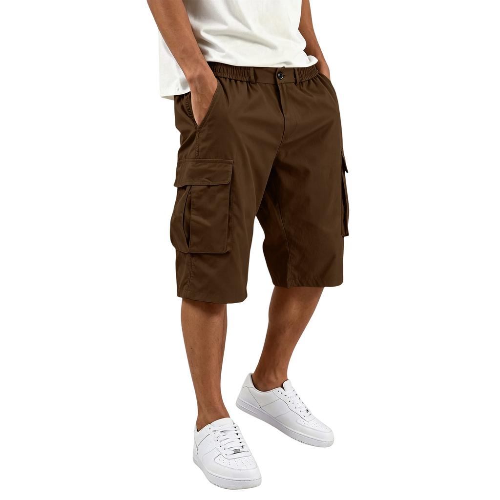 Herren Farbknopf Elastischer Bund Cargoshorts mit 6 Taschen für die Arbeit im Freien