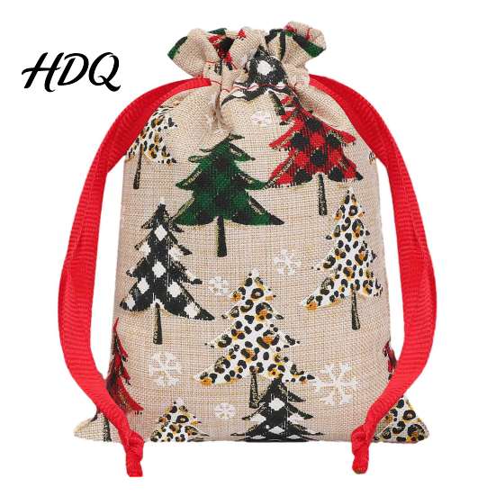 Reusable Holiday Bags Christmas Tree Print Drawstring Gift Bags Faux Linen Xmas Treat Bag Wrapping Candy & Apple Storage Pouch for