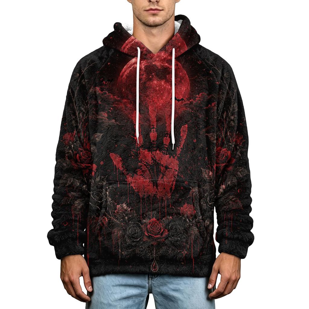Herren Halloween Print Hoodie Übergröße Flanell Lässiger Pullover Sweatshirt für Herbst und Winter