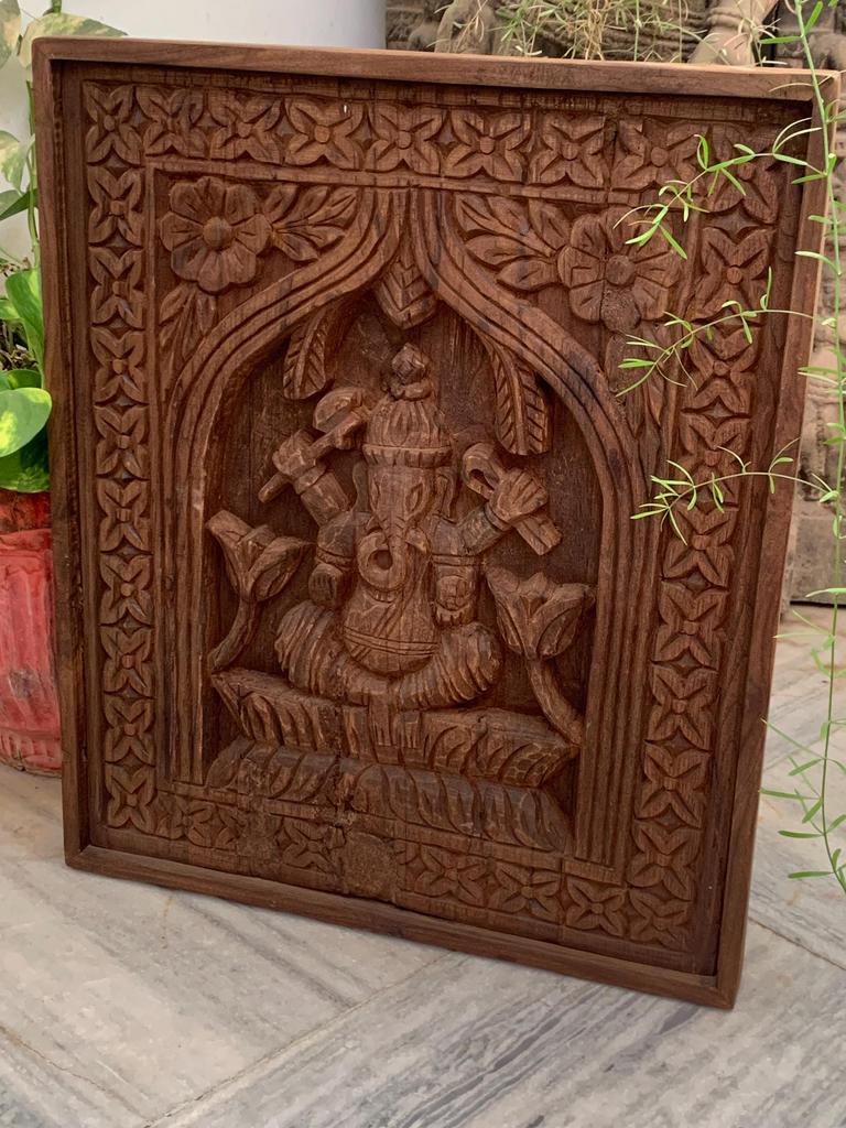 Teak Wood Ganesha Wall Panel: Handcrafted Hindu Temple Decor