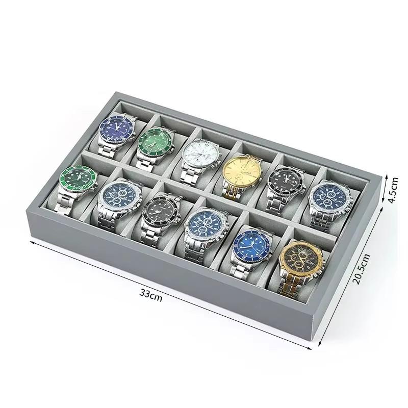 Gray Pu Leather Watch Display Tray With Large Capacity 6/12/24 Grid Watch Display Tray For Men And Women's Jewelry Storage