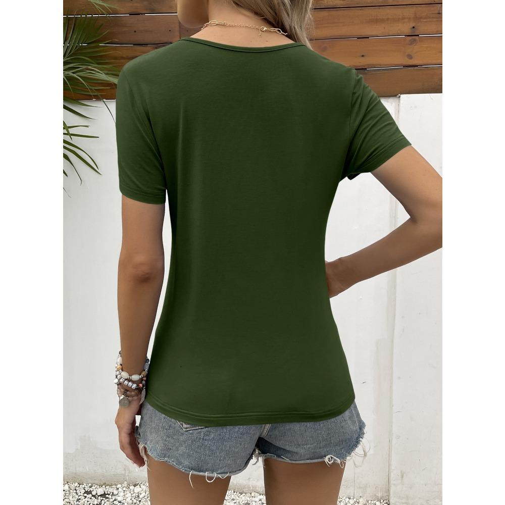 Women's V-Neck Hollow-Out Lace Trim Sexy Top, Short Sleeve T-Shirt, Casual, Versatile