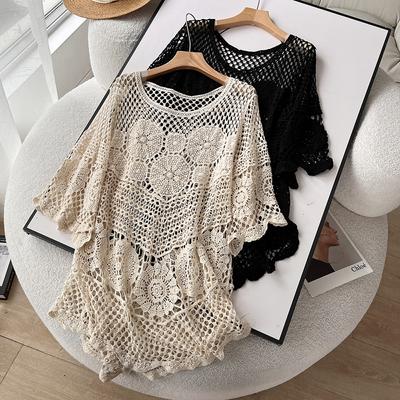 DIMANAF 2024 Nieuw T-shirt Dames Breien Kant Lang Strand Vakantie V-hals Holle Vleermuis Zomer Stijl Basic Tops T-shirts Losse Kleding