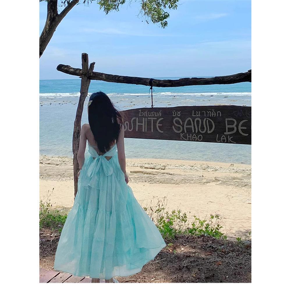 Fengxin purple v-neck neck suspender dress long dress women's summer seaside travel photo dopamine vacation skirt atmosphere