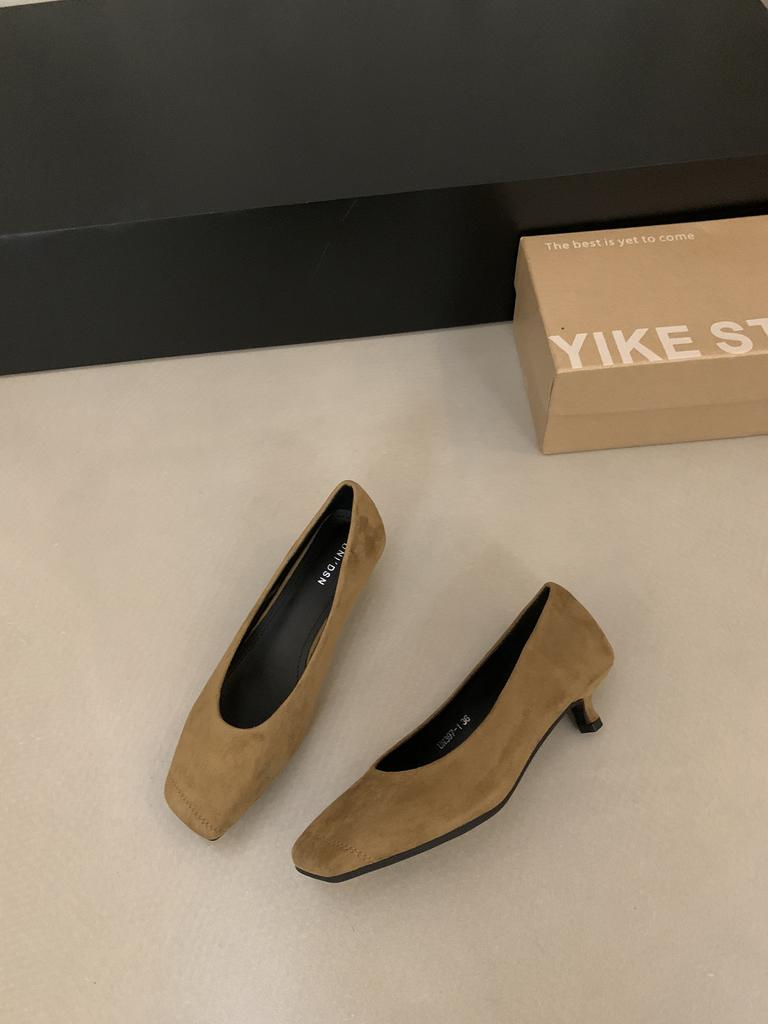 French kitten heel square head shallow mouth single shoes women's shoes spring and autumn 2025 new suede thin heel versatile evening shoes