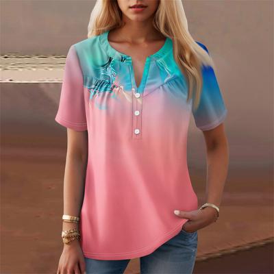 Camiseta informal con botones decorativos y manga corta con cuello en V y estampado floral para mujer