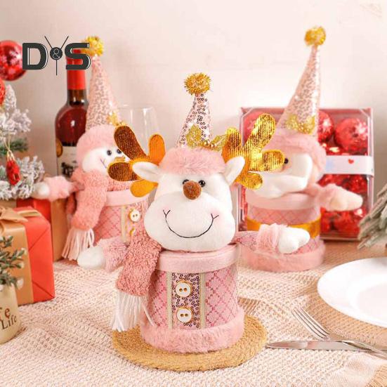 Christmas Candy Jar Christmas Plush Santa/Snowman/Elk Candy Holder Pink Candy Storage Box Fruit Packaging Jar for Home Decor