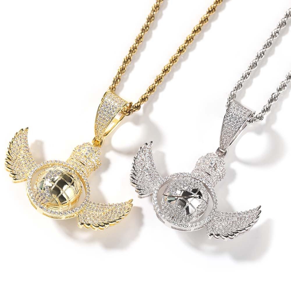 High Quality New Iced Out Bling Men Jewelry Micro Pave CZ Spinning Globe Pendant Hip Hop Necklace 24inch rope chain серебряный