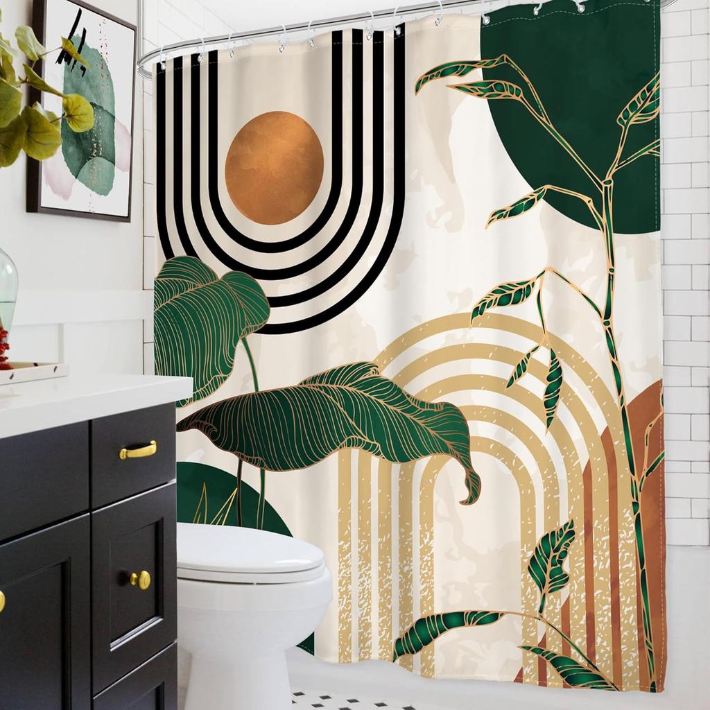 Geometric Nature Shower Curtain: Embrace The Modern Design, Soft Fabric, And Earthy Vibes For Your Stylish Bathroom