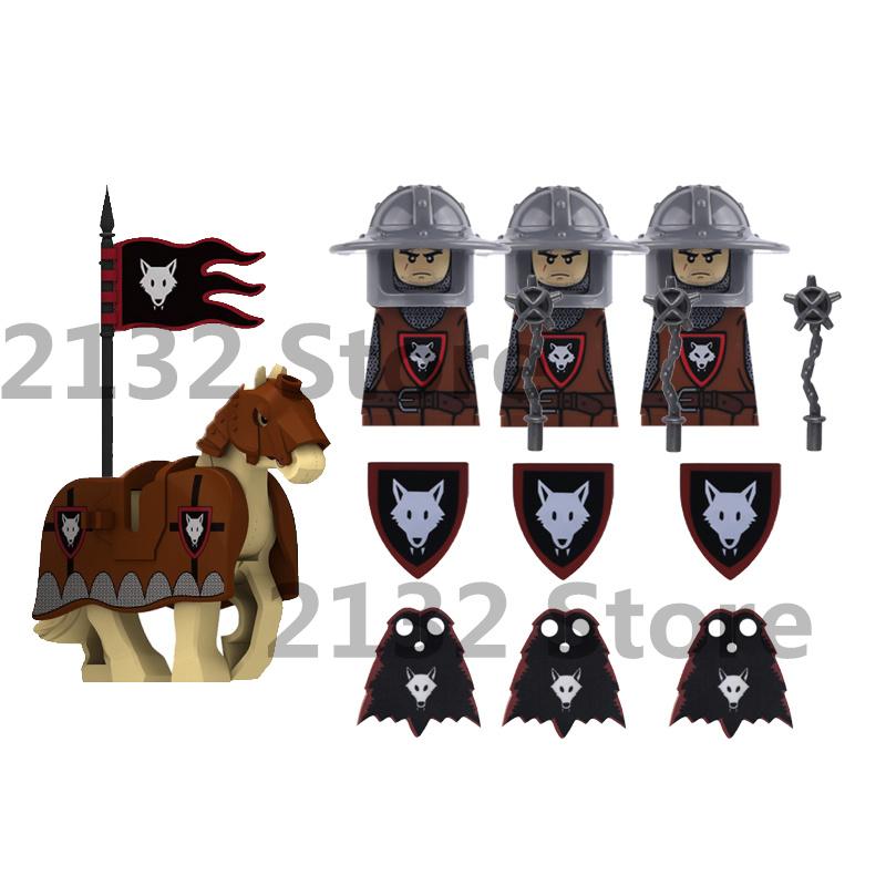 Medieval Castle MOC Building Blocks Wolf Warriors Soldier Figure Crusader Knights Horse Flag Vests Shield Weapon Toys Gifts T022