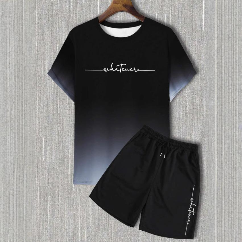 

Летний комплект с градиентным цветом, с коротким рукавом и шортами, с 3D-принтом, простая футболка с градиентной надписью, комплект из двух предметов, мужская спортивная одежда M чёрный