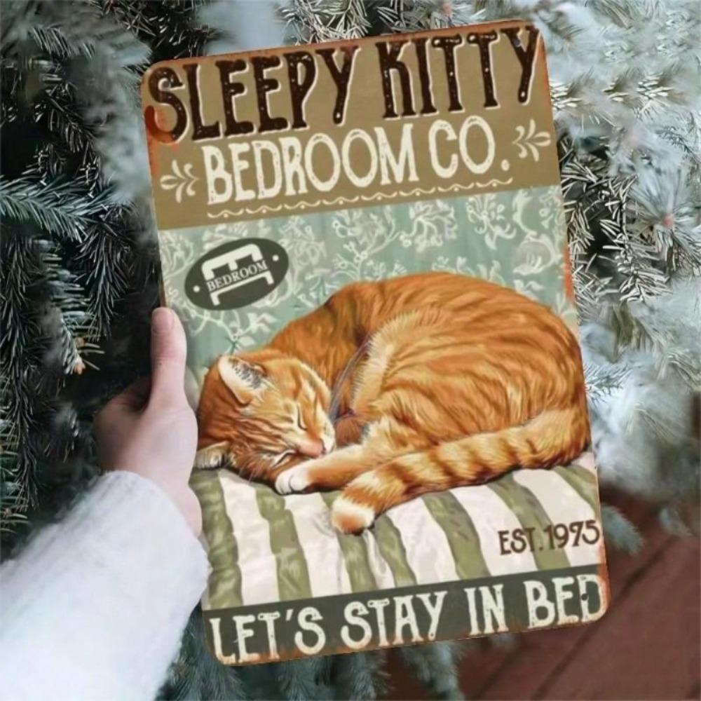 Vintage Metal Tin Sign Sleeping Cat Wall Decor Retro Iron Poster for Living Room