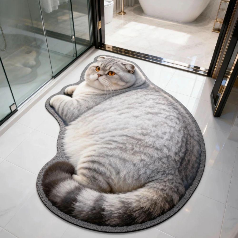 3D Fat Cat Shaped Bath Mat,Non‑Slip Absorbent Floor Rug,Cute Animal Decor Doormat for Bathroom Bedroom Home Decoration