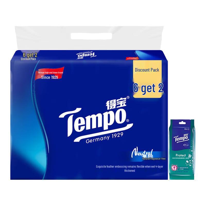 Tempo 4-Ply Unscented Facial Tissues (8x90 sheets) with 10-Sheet Wet Wipes