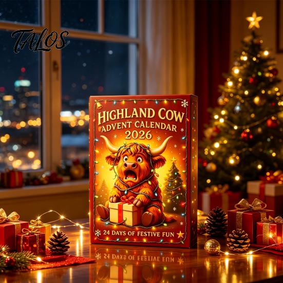 Feiertags-Überraschungs-Geschenkbox 3D Schottisches Hochlandrind Adventskalender, 24-Tage PVC-Figur Countdown-Schmuck-Set, Einzigartige Weihnachts-Strumpf Füller Baum