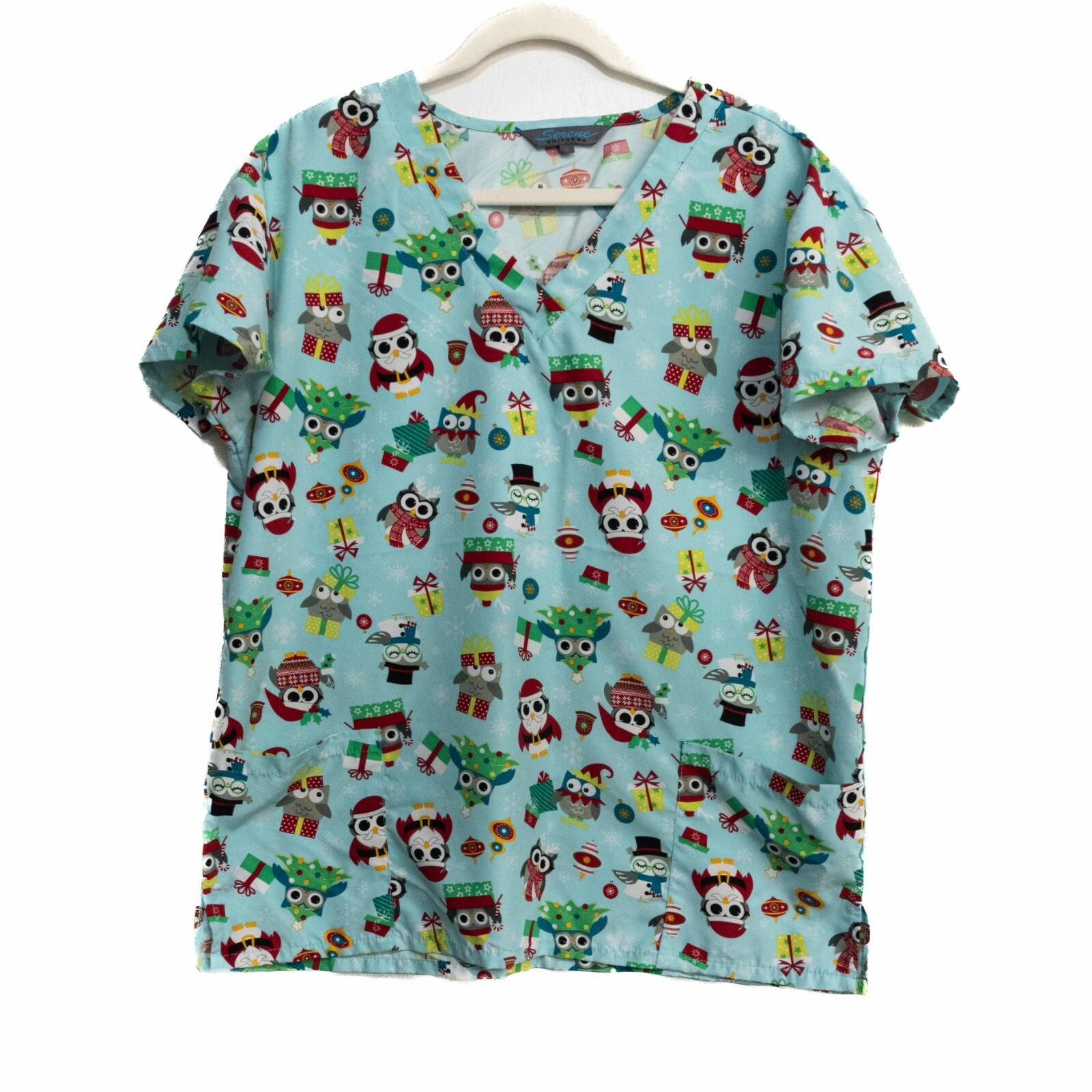 Serene Uniforms Womens Light Blue T-Shirt Printed Short Sleeve V-Neck Size L XXXXL