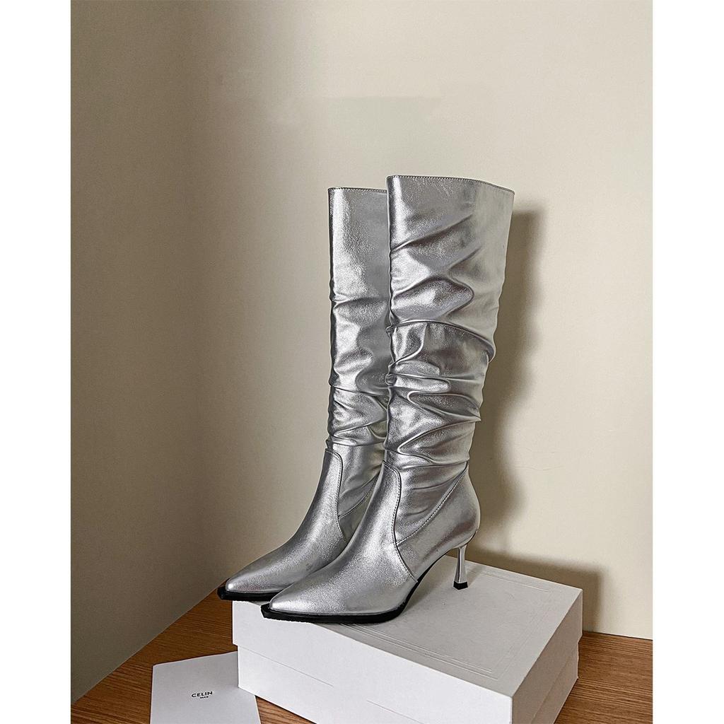 [Factory making goods] High heels women's stiletto heel stacking boots 2025 new calf thin pointed boots