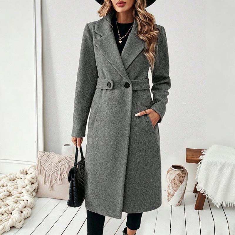 2026 Autumn and Winter New Temperament Extended Slim Jacket European and American Women's Lapel Double-breasted Woolen Coat