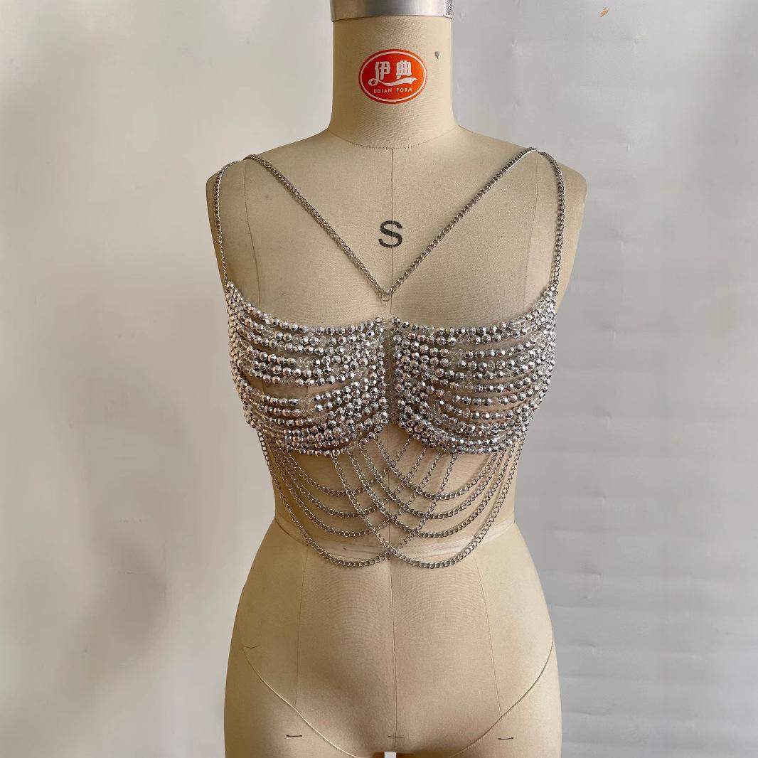 

Black Rhinestone Chain Tassel Halter Crop Top OneSize срібний