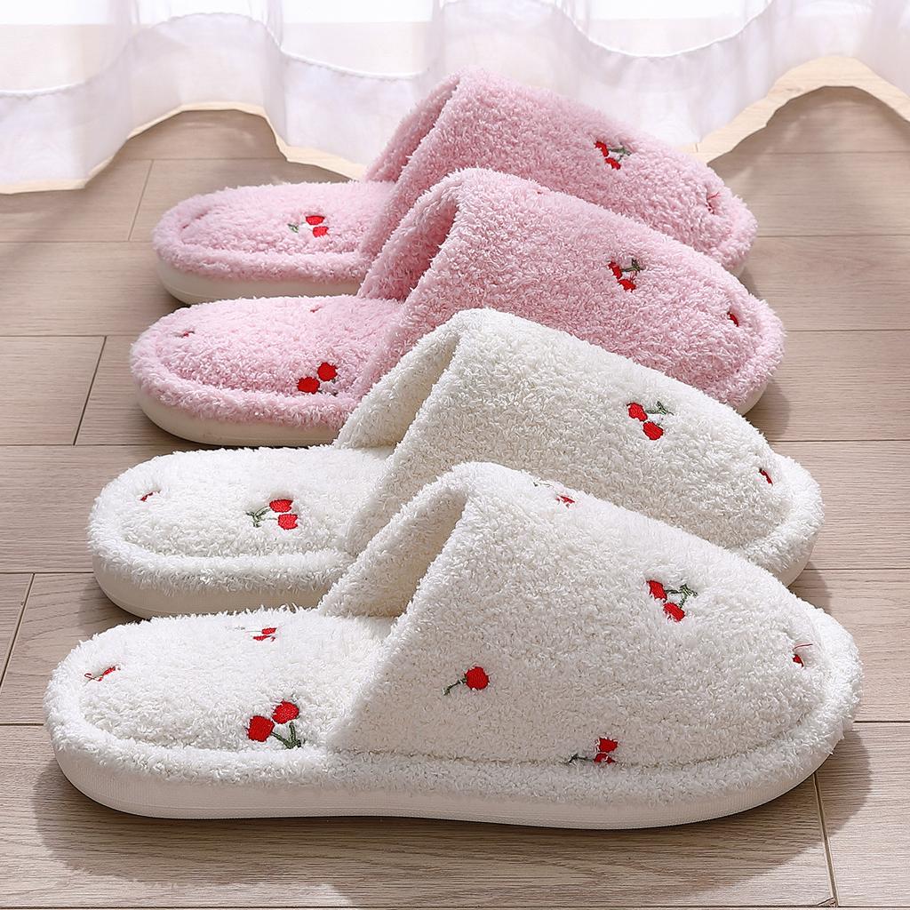 Cute Cherry Cotton Slippers Autumn and Winter Plush Warm Home Indoor Home Non-slip Floor Mop