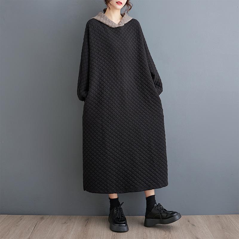 Women's Fashion Spring Fall Solid Color Print Long Sleeve Hooded Loose Waistline Casual Dresses