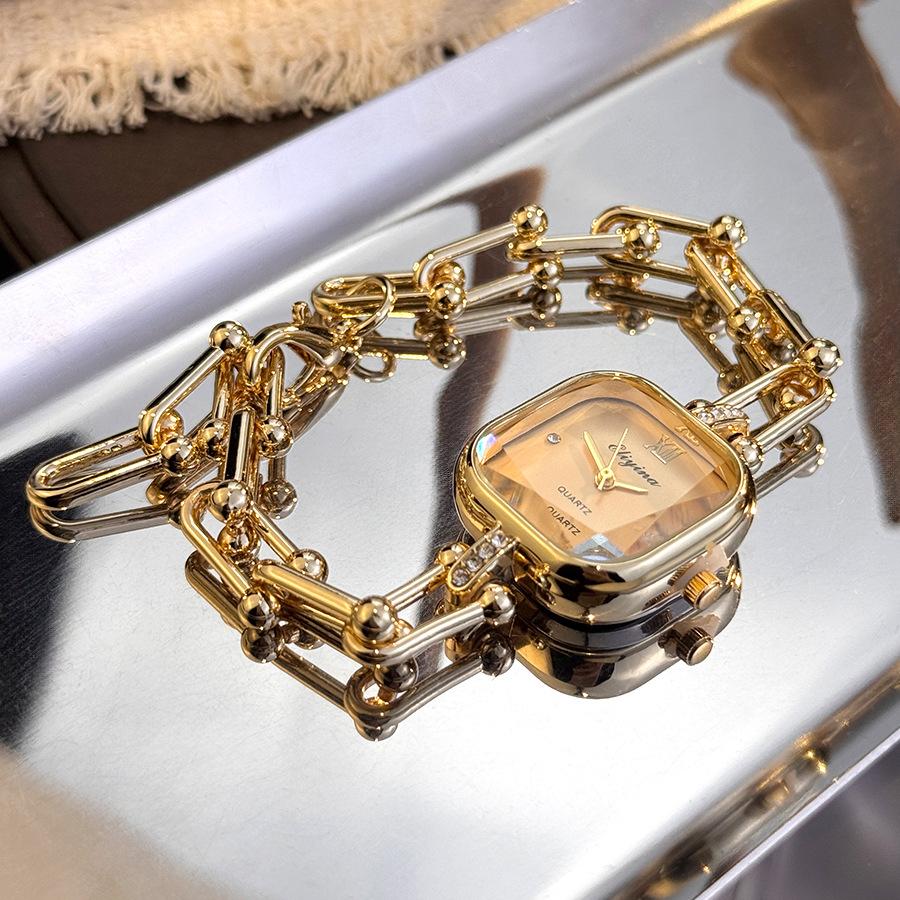 High end Niche Bracelet Style Wristwatch light luxury creative square multi facet glass Women's quartz Watches Chain Antique